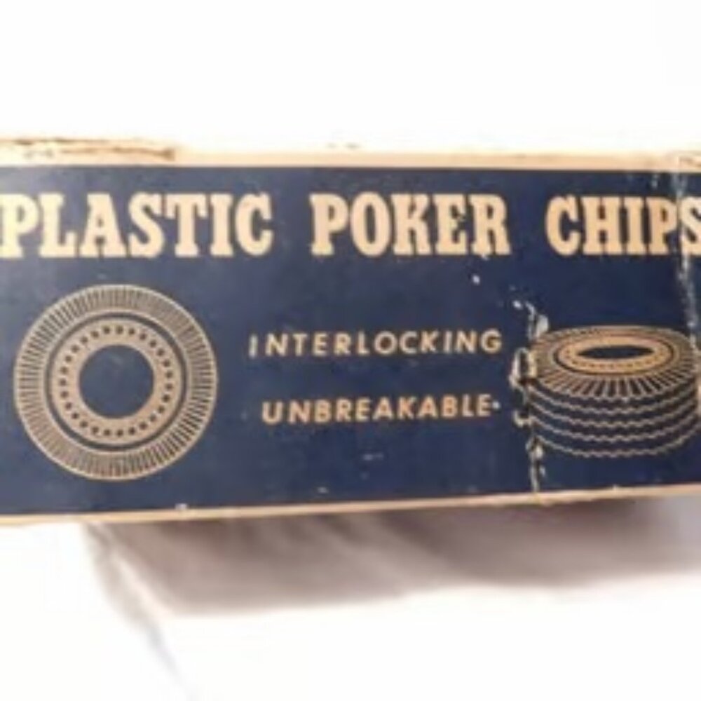 Vintage Plastic Interlocking Red, White and Blue Poker Chips in Original Box